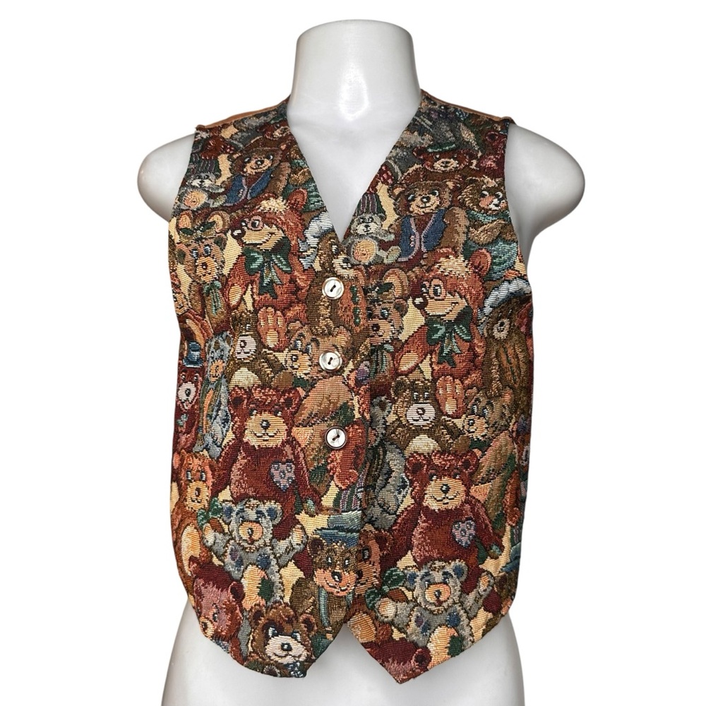 VTG 90s Teddy Bear Tapestry Vest Button-Up Retro Novelty Waistcoat Small
